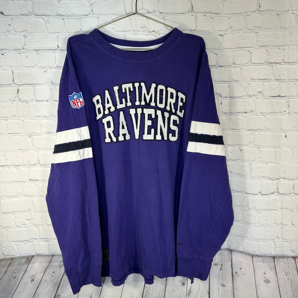 Vintage Reebok Baltimore Ravens Long Sleeve Shirt Mens 2XL Purple NFL Spellout